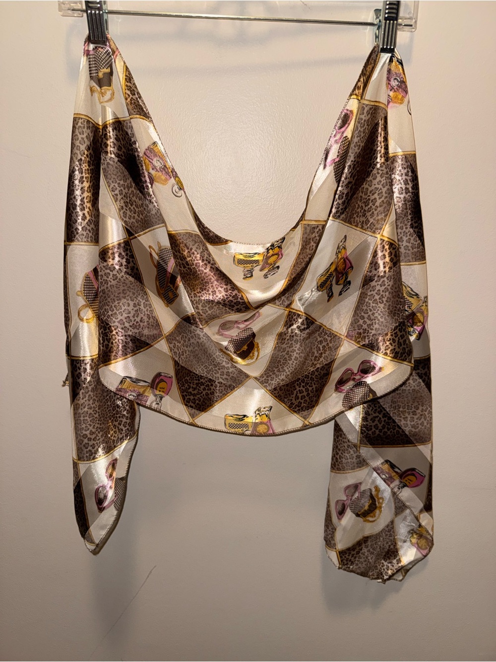 Silk-Feel Leopard Print & Accent Scarf - Brown/White